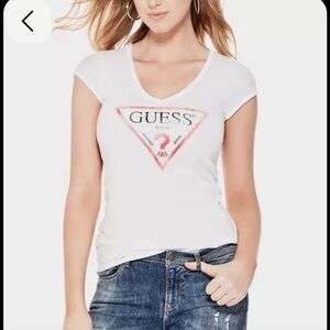 GUESS White and Pink Logo Tee